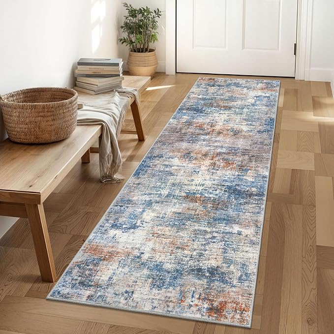 IOHOUZE Abstract Runner Rug 2x6 Ft Washable Runners for Hallways, Non Slip Kitchen Runner Printed Faux Wool Entryway Runner Indoor, Modern Abstract Floor Carpet for Hall Bedroom, Blue Rust