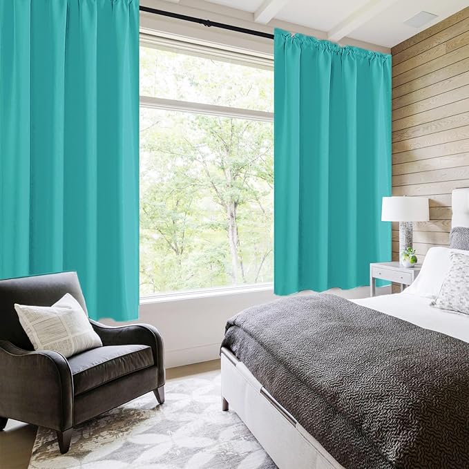 DWCN Blackout Curtains for Living Room Thermal Insulated, Energy Saving & Noise Reducing Bedroom Curtains, Peacock Blue, W 52x L 45 Inch, Set of 2 Rod Pocket Curtain Panels