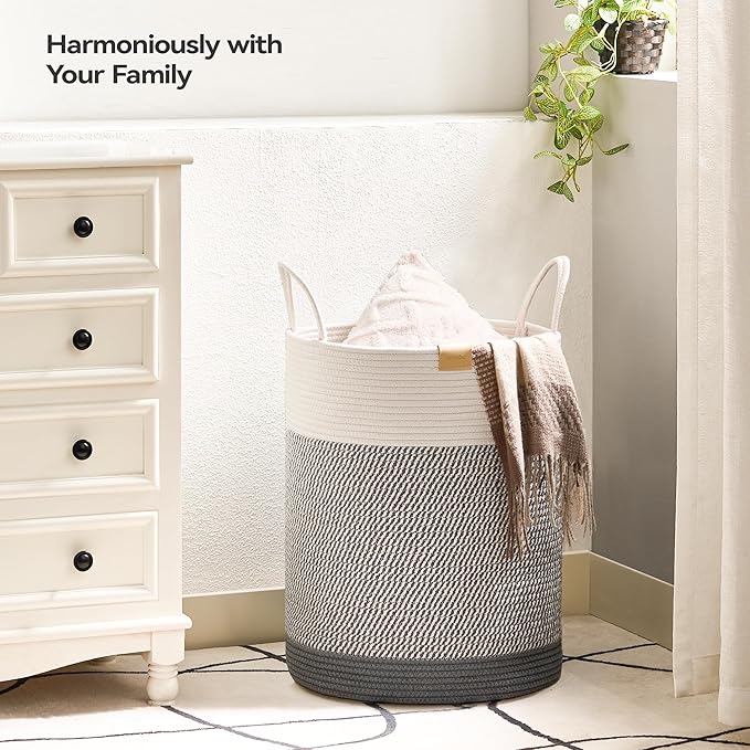 Laundry Hamper 62L,Large Laundry Basket for Clothes,Decorative Storage Basket for Blankets,Cotton Rope Woven basket for bedroom,Grey White