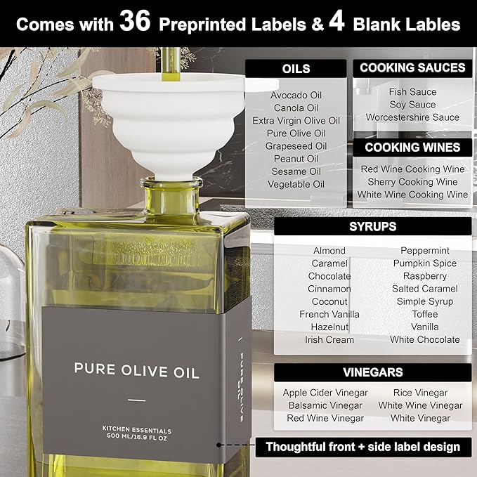 Olive Oil Dispenser for Kitchen, 16.9 oz/ 500 ml Olive Oil Dispenser Bottle, Glass Oil Bottles for Kitchen with 4 Stainless Steel Pourers, 40 Labels, 2 Pcs, Green