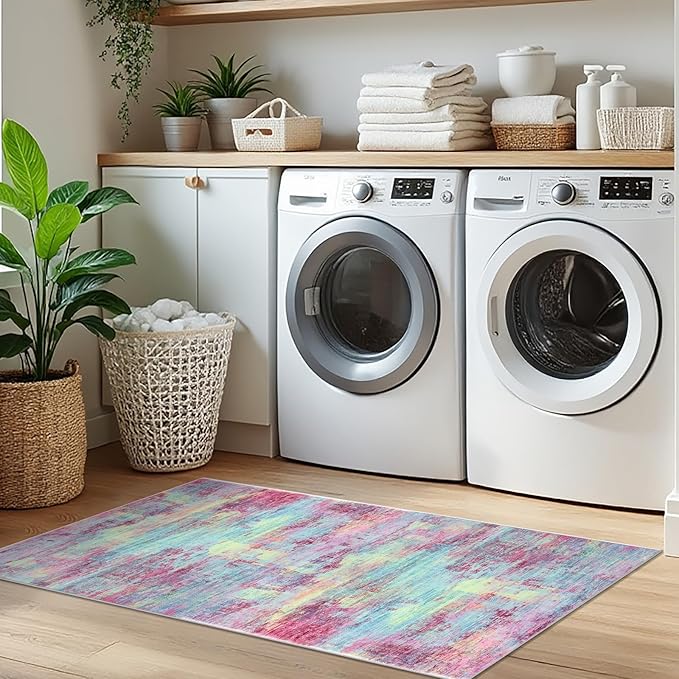 IOHOUZE Abstract Runner Rug 2x5 Ft Washable Runners for Hallways, Non Slip Kitchen Runner Printed Faux Wool Entryway Runner Indoor, Modern Abstract Floor Carpet for Hall Kitchen Bedroom, Pink Teal