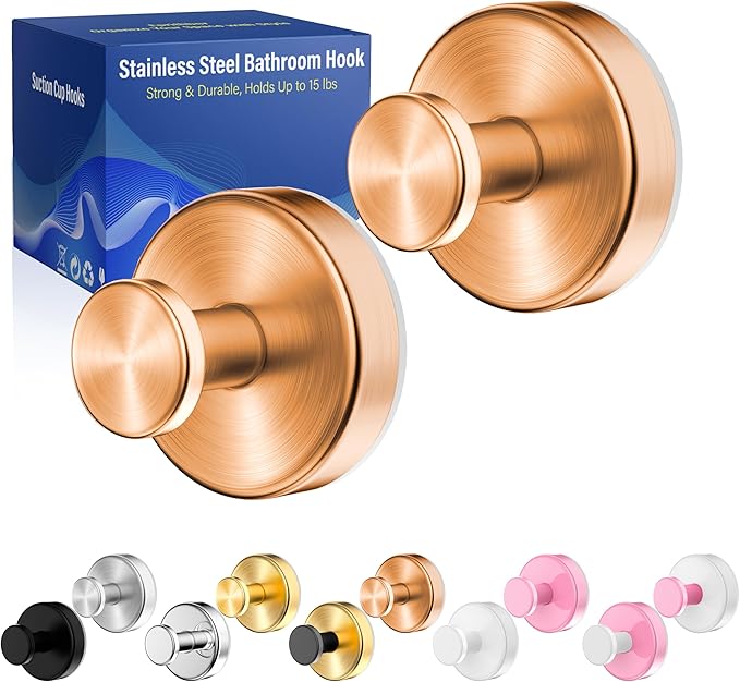 Suction Cup Hooks for Shower,Wreath Hanger for Front Door,Removable No Drill Towel Loofah Hooks,Upgraded 15 lbs Strong Suction for Bathroom,Wall,Glass,Stainless Waterproof-Rose Gold 2 Pcs