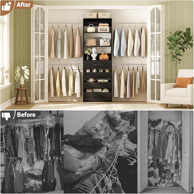 Aheaplus Closet System, 4-9Ft Closet Organizer with 4 Wooden Drawers, Wood Closet Organizer System with Tower, Walk-in Closet Organizer Wardrobe Clothes Rack with 4 Hanging Rods, Garment Rack, Black