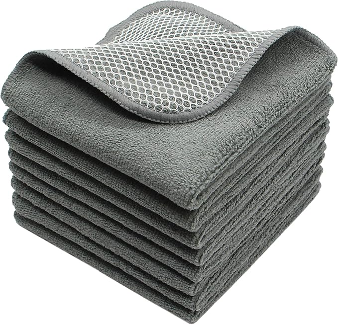 Microfiber Dish Cloths Fast Drying Kitchen Cleaning Cloth Dish Rags Dust Cloths Ultra Absorbent Lint Free Washcloths with Poly Scrub Side 12inch x 12inch 8 Pack (Gray)