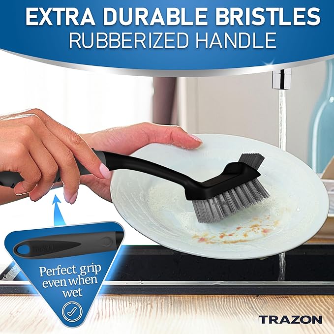 Dish Brush Set of 5 with Holder - Kitchen Scrub Brushes with Non-Slip Long Handle for Cleaning, Scrubber, Dishwashing, Dishes, Bottles, Straws, Cups, Pots & Sink, Black