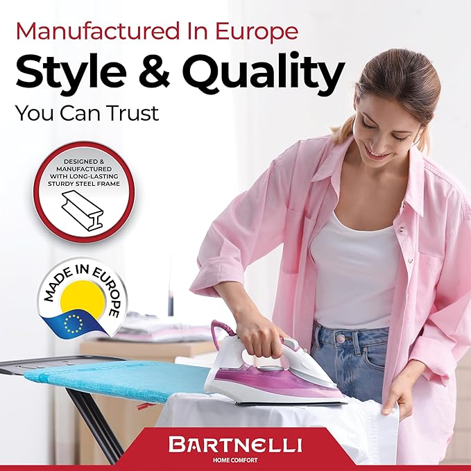 Bartnelli Next-Generation Innovative Wooden Top Ironing Board, with Breakthrough Patented 5-Layered Steam-Reflecting Cover, Made in Europe, Adjustable Height, 4 Heavy Duty Durable Steel Legs, 46x16”