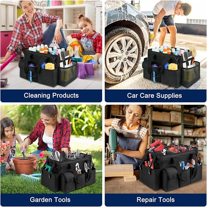 Cleaning Caddy Bag,Large Cleaning Supplies Organizer with Handle for Housekeepers, Black