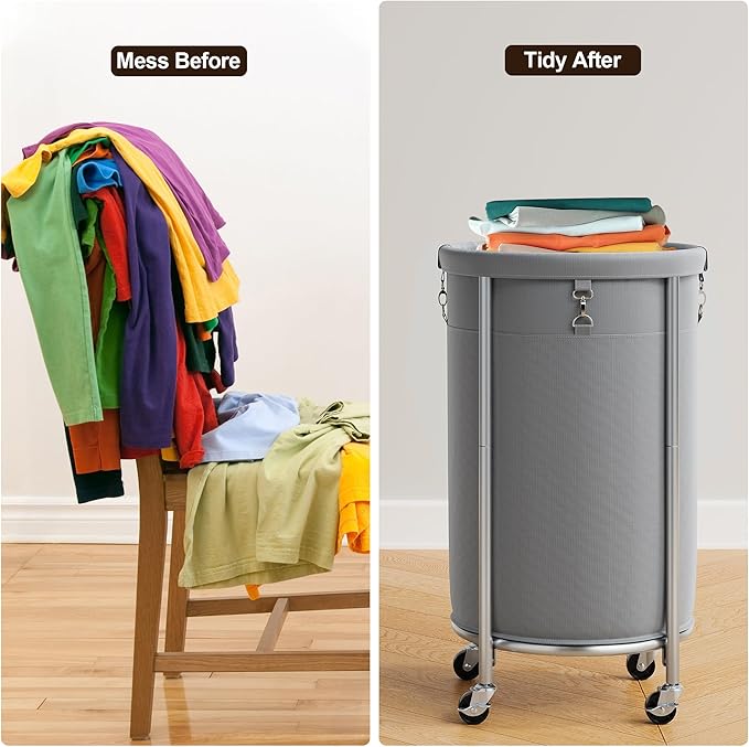 ELYKEN Laundry Hamper with Wheels, 110L Rolling Laundry Basket, Round Laundry Cart with Steel Frame and Removable Bag, 4 Casters and 2 Brakes, Dirty Clothes Hamper for Hotel, Home, Closet, Dorm, Gray