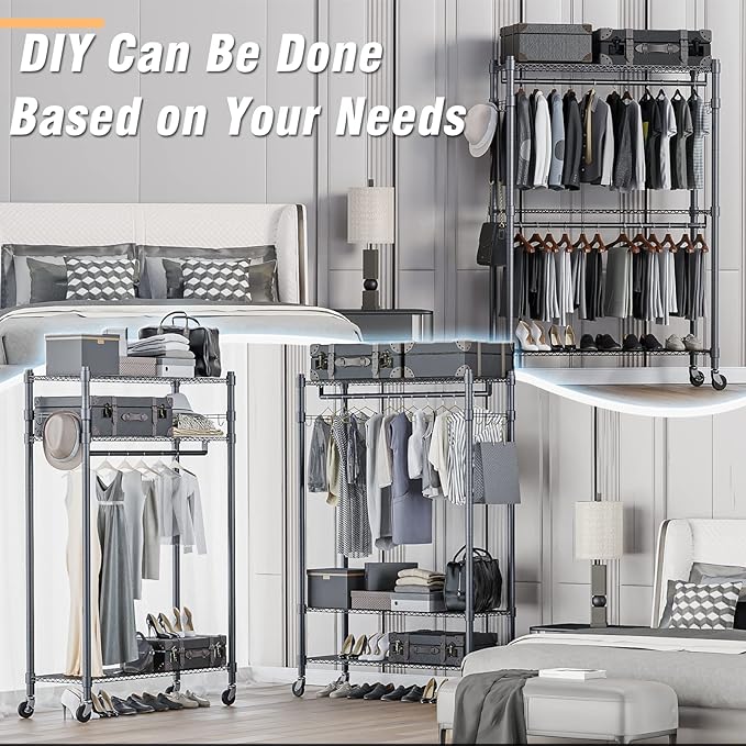 Homdox Rolling Clothes Rack Heavy Duty, 3-Tier Adjustable Wire Shelving Garment Organizer with Double Rods & Hooks, Portable Clothes Rack with Wheels, 17.72" D x 47.24" W x 80.71" H, Grey