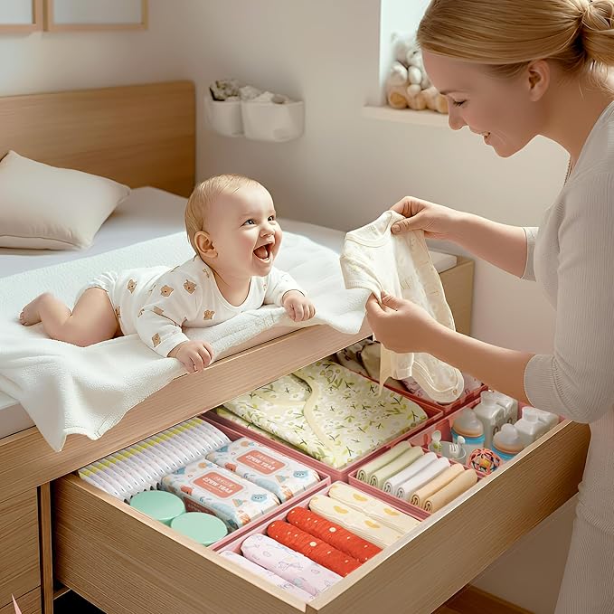 DIMJ Drawer Organizer Clothes - 16 Pack Baby Dresser Organizer for Nursery, Foldable Drawer Organizer Bins for Closet Bedroom Organization, Fabric Clothes Storage Dividers for Underwears, Socks, Bras