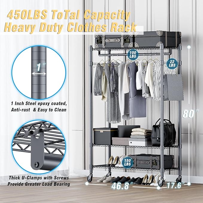 Homdox Rolling Clothes Rack Heavy Duty, 3-Tier Adjustable Wire Shelving Garment Organizer with Double Rods & Hooks, Portable Clothes Rack with Wheels, 17.72" D x 47.24" W x 80.71" H, Grey