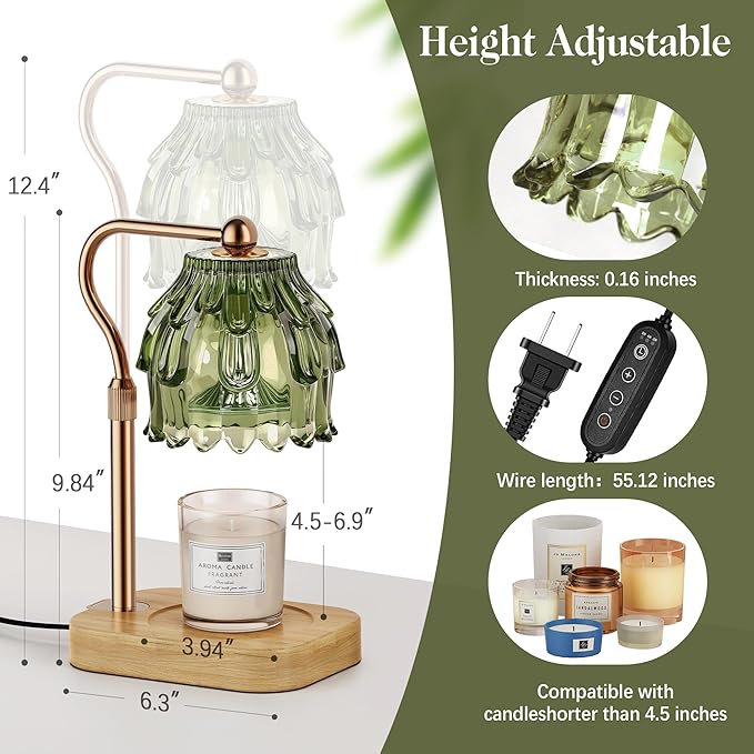 Candle Warmer Lamp with Timer Dimmer, Modern Wax Warmer for Scented Wax Jar Candle Warmer with 2 Bulbs, Adjustable Height Glass Lamp for Gifts for Women, House Warming Gifts, Home Decor, Gold Green