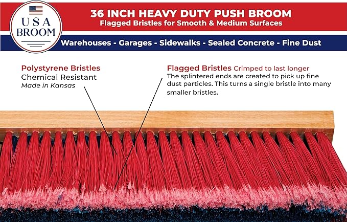 USA Broom 36" Everyday Sweep Indoor/Outdoor Push Broom with 60" Handle. Ideal for Garages & Shops. Durable American Made Steel Brackets-All Stainless Steel Hardware. No Plastic. 100% Made in The USA.
