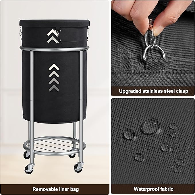 ELYKEN Laundry Hamper with Wheels, 110L Rolling Laundry Basket, Round Laundry Cart with Steel Frame and Removable Bag, 4 Casters and 2 Brakes, Dirty Clothes Hamper for Hotel, Home, Closet, Dorm, Black