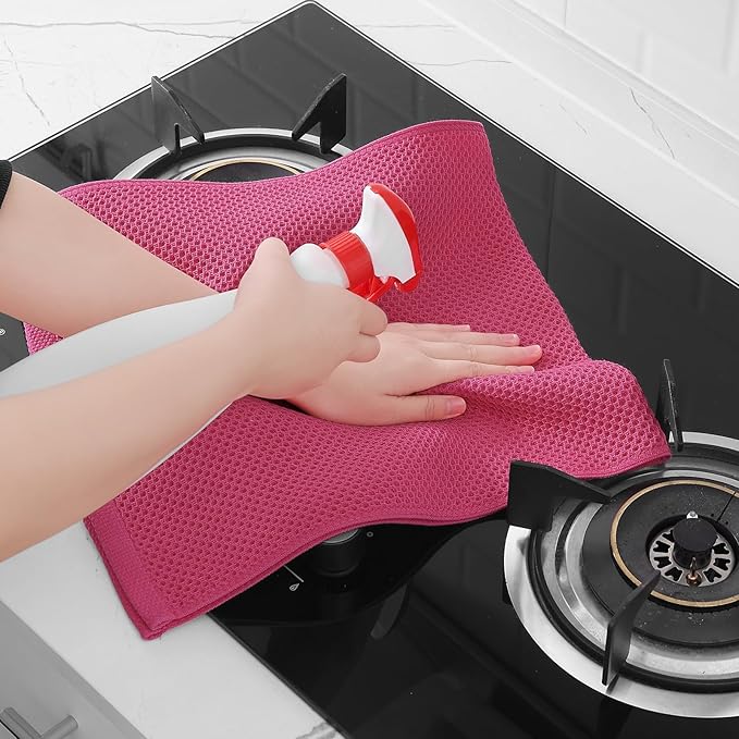 Homaxy 100% Cotton Waffle Weave Kitchen Dish Towels, Ultra Soft Absorbent Quick Drying Cleaning Towel, 13 x 28 Inches, 4-Pack, Hot Pink