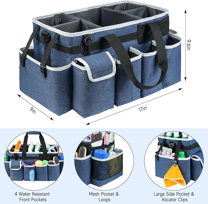 Cleaning Caddy Bag,Extra Large Cleaning Supplies Organizer with Handle for Housekeepers,Blue