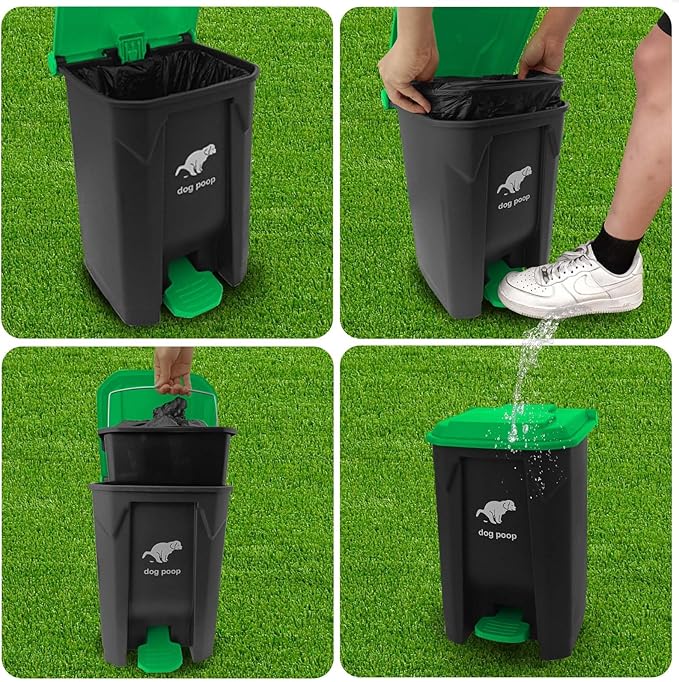 Dog Poop Trash Can Outside, 20L/5Gallon Dog Waste Trash Can with Lid, Pedal and Removable Inner Waste Bin, Pet Poop Bucket with 100 Bags, Green