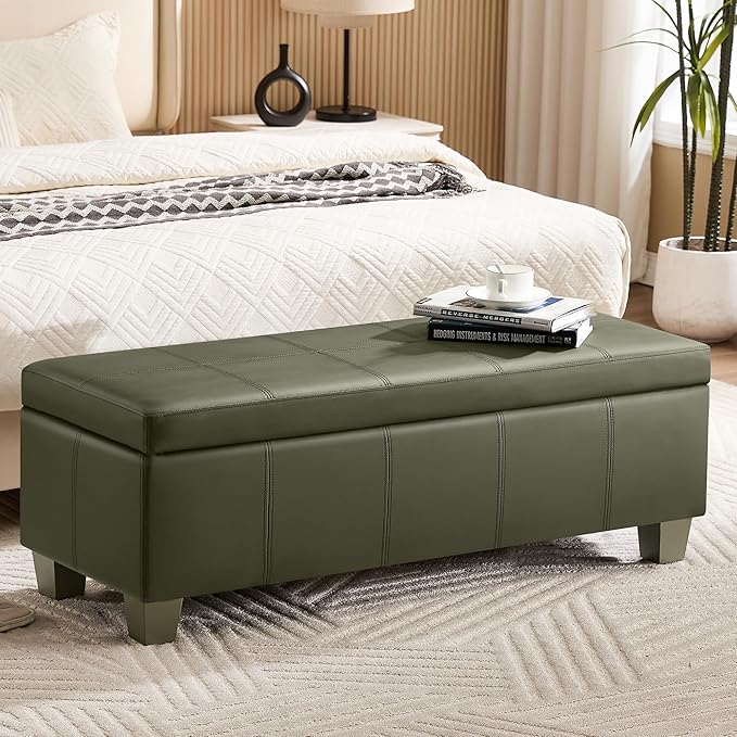 51" Faux Leather Storage Ottoman, Stitch Tufted Rectangle Upholstered End of Bed Storage Bench, Entryway Large Couch Ottoman with Wooden Legs,Green