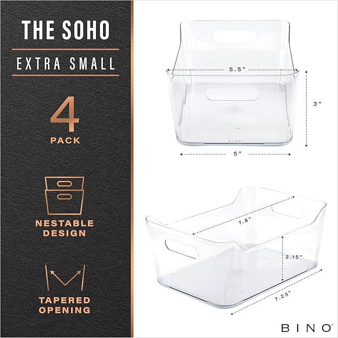 BINO | Plastic Organizer Bins, X-Small - 4 Pack | THE SOHO COLLECTION | Multi-Use Organizer Bins | Pantry & Freezer Bin | Plastic Storage Containers | Bin for Home & Kitchen Org