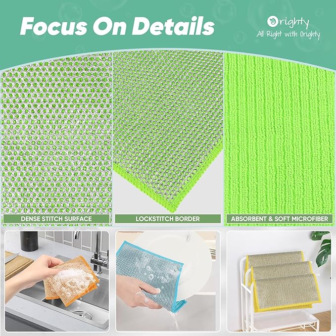 Orighty Multipurpose Wire Dishwashing Rag 12 Pcs, Upgraded Double-Layer Non-Scratch Wire Dish Cleaning Cloths, Kitchen Reusable Steel Scrubber, Powerful Dishcloth Rag for Cookware, Multicolor, 7"x8"
