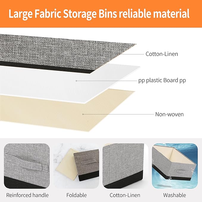 Linen Folding Storage Bins, 3 Pack Large Storage Baskets, Washable, Clothing Storage Bins with Handle, Closet Organizer for Storage Sweater,Sheets (gray black, 18½"x11"x8½")