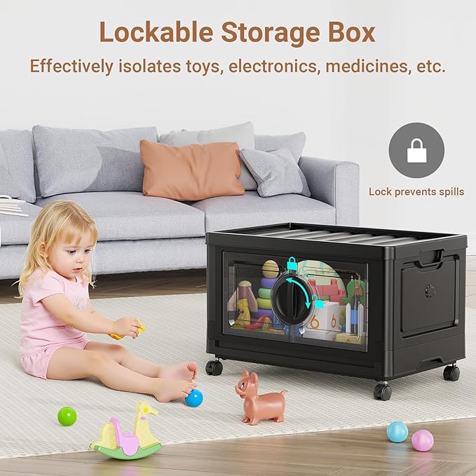 BROVIEW 480Qt Lockable Stackable Storage Bins with Lids, Closet Organizers and Storage Drawer, Collapsible Storage Bin with Wheels, Plastic Cabinet for Toy Clothes Dorm Organizer, V9 4 Pack Black
