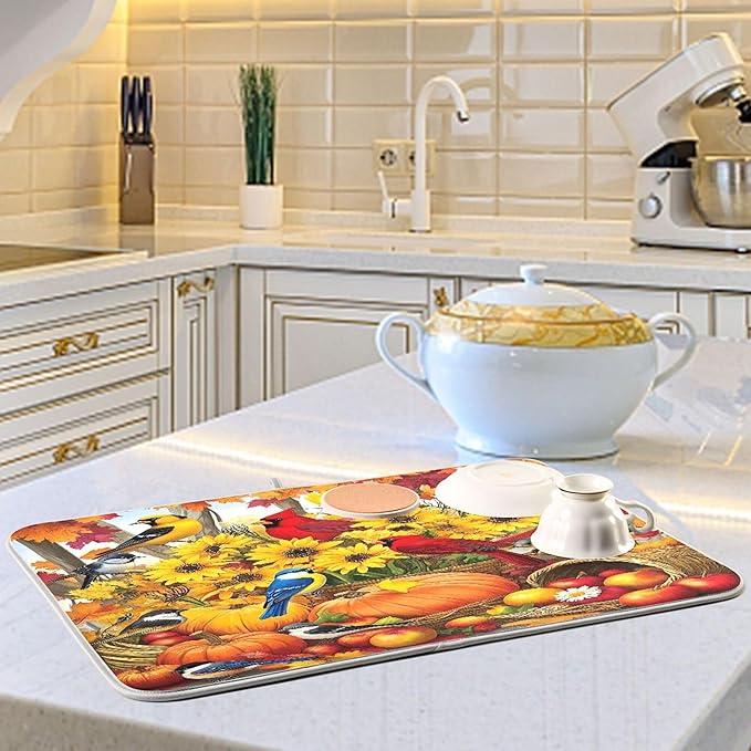 Fall Birds Dish Drying Mat for Kitchen Countertop 16x18 Autumn Pumpkin Sunflower Small Drying Mat Reusable Quick Dry Dish Sink Mats Easy Clean Decorative Essentials