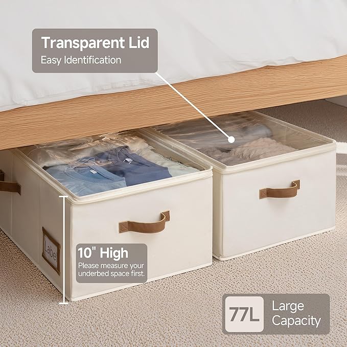 StorageWorks Under Bed Storage Bins, 10'' Underbed Storage Containers with Lid, 90L Clothes Organizer for Bedding, Blankets, Sweaters, Shoes, 2-Pack
