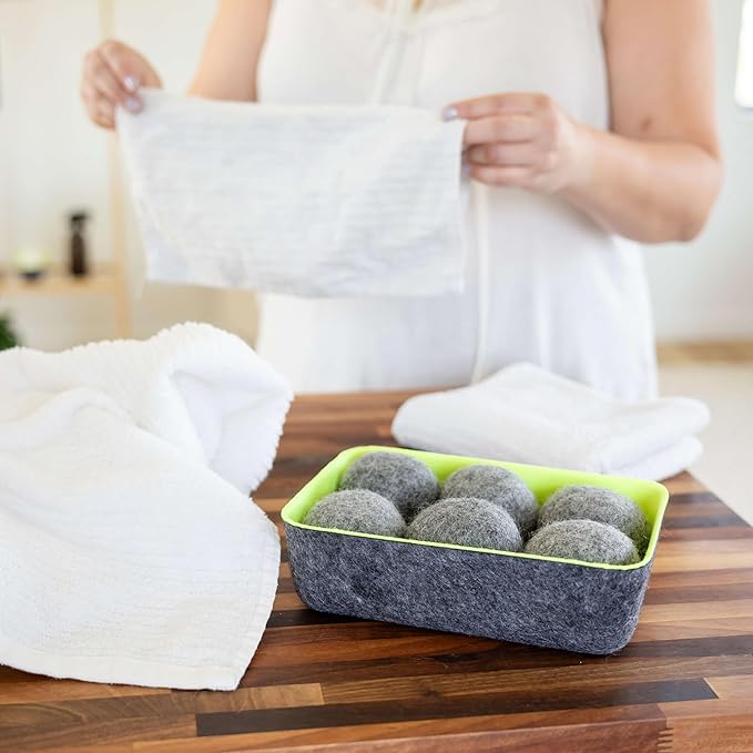 Three by Three Seattle Felt·Like·it!™ Wool Dryer Balls + Storage Bin: Reduce Drying Time, Static Cling, and Energy Use | Natural Alternative to Fabric Softeners (Pack of 6)