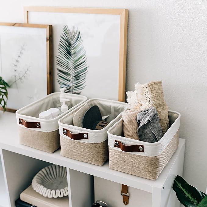 OrganiHaus Small Fabric Storage Baskets for Shelves 6 Pack, 12x8in Closet Storage Bins for Shelves, Cloth Storage Bins, Linen Closet Organizers, Fabric Basket, Shelf Baskets for Organizing Beige/White