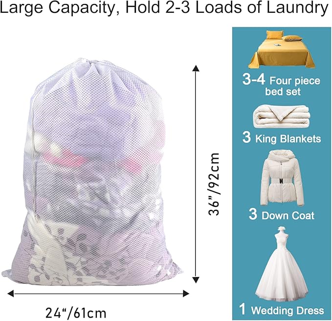 Polecasa Diamond Mesh Laundry Bags, 2Pcs 24 x 36 inches Heavy Duty Mesh Laundry Bag with ID Tag and Drawstring Closure, Large Laundry Hamper Liner, Laundry Bag for Travel, Sports, Dorms (White)