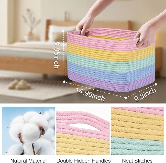 Shelf Baskets for Organizing, Woven Storage Basket for Shelves，Cotton Rope Storage Bins for Toys Books, Nursery Towel Baskets for Classroom, 14.96"X9.8"X8.85", 3-Pack Pastel Rainbow