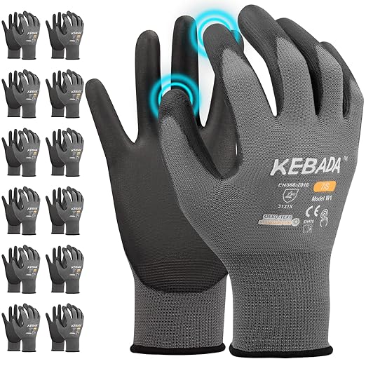 Kebada W1 Work Gloves for Men and Women, PU Coated Safety Gloves with Grip, Touchscreen, Ideal for Warehouse Package Handling, Construction, Gardening, 12 Pairs Gray Large