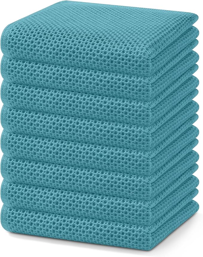Homaxy 100% Cotton Waffle Weave Kitchen Dish Towels, Ultra Soft Absorbent Quick Drying Cleaning Towel, 13 x 28 Inches, 8-Pack, Lake Blue