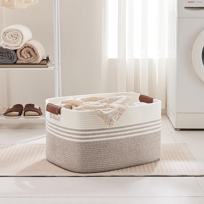 72L Large Laundry Basket with Leather Handles for Living Room Storage, Woven Rope Baskets Bin for Blanket, Kids Toy, Gifts, Wicker Hamper for Bedroom Dirty Clothes, 22"x17"x12" White Brown