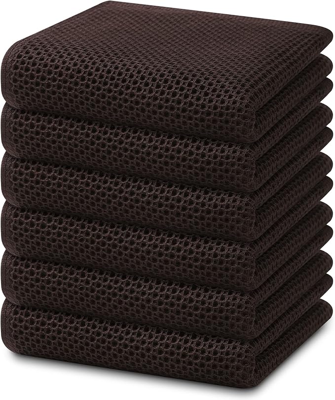 Homaxy 100% Cotton Waffle Weave Kitchen Dish Towels, Ultra Soft Absorbent Quick Drying Cleaning Towel, 13 x 28 Inches, 6-Pack, Dark Brown