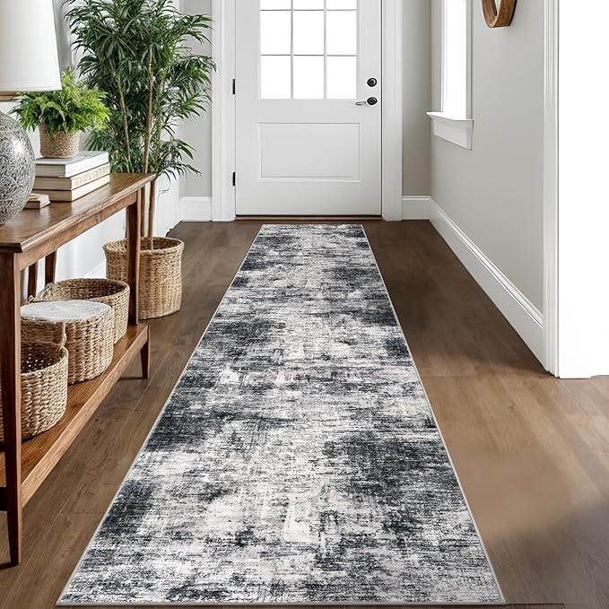 IOHOUZE Abstract Runner Rug 2x10 Ft Washable Runners for Hallways, Non Slip Kitchen Runner Printed Faux Wool Entryway Runner Indoor, Modern Abstract Floor Carpet for Hall Kitchen, Black Gey