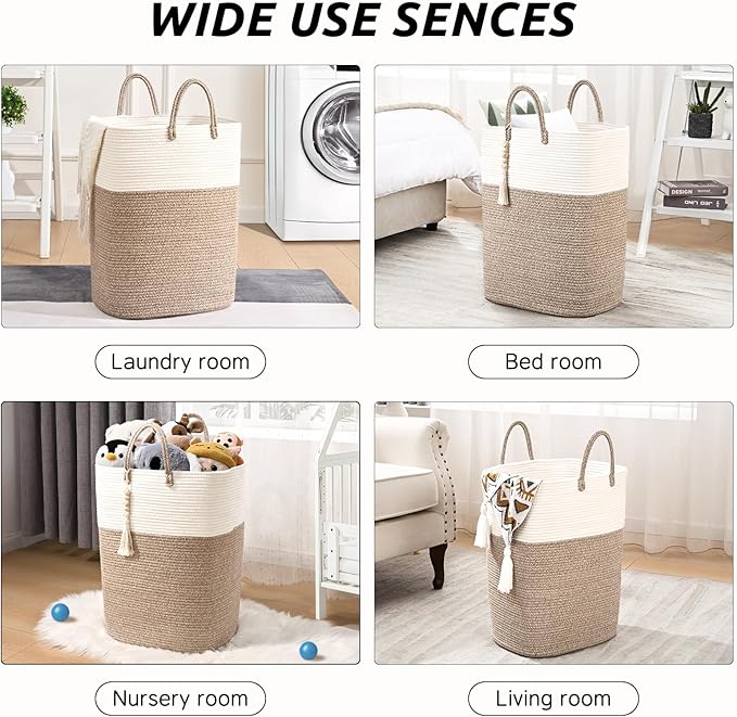 65L Woven Laundry Basket for Clothes, Large Rectangle Laundry Hampers with Beads Tassel, Nursery Storage Basket for Toys, Tall Dirty Clothes Hamper for Bedroom Aesthetic, Laundry Room Organization