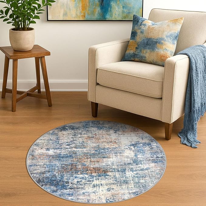 IOHOUZE Round Area Rug 3 Ft Circle Entryway Rugs Round Washable Door Mat Indoor Entrance, Non Slip Circle Front Door Rug, Printed Abstract Faux Wool Floor Carpet for Foyer Porch Sink, Blue Rust