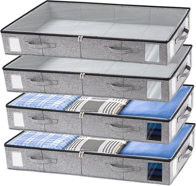 combocube 4 Pack Under Bed Storage Containers, Stackable Closet Organizers and Storage Bins with Sturdy Support, Foldable Underbed Clothes Storage Box for Blanket, Comforter, Sweater, Pillows, Shoes