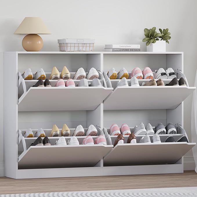 Shoe Cabinet with 4 Flip Drawers, Narrow Hidden Shoe Storage Cabinet, Slim Freestanding Shoe Rack Organizer for Entryway, Hallway, Bedroom, Living Room