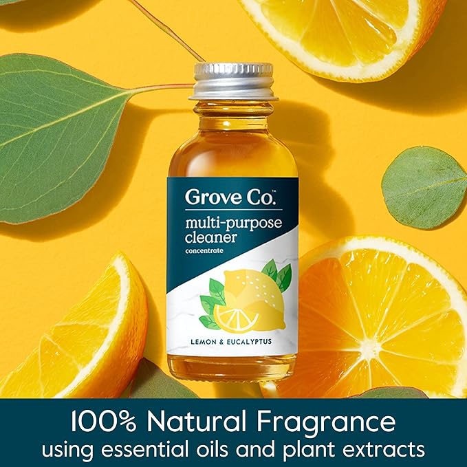 Grove Co. Multi Purpose Cleaner, Refill Concentrate (2 x 1 Oz) + Glass Spray Bottle (16 Oz), Plant-based Household Cleaning Supplies Bundle, No Plastic Waste, 100% Natural Lemon & Eucalyptus Scent