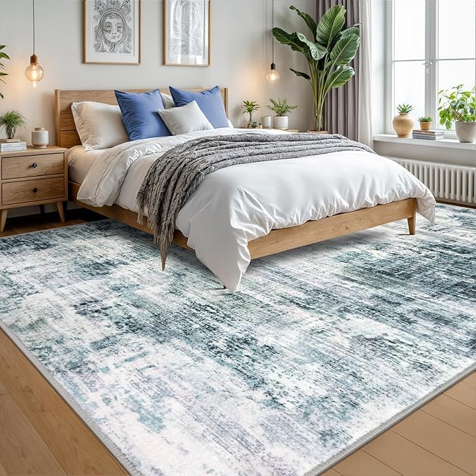 IOHOUZE Abstract Area Rugs 9x12 Ft Washable Large Rugs for Living Room, Non Slip Rubber Backed Dining Room Rug, Printed Faux Wool Rugs for Bedroom, Floor Carpet for Nursery Playroom, Sage Grey