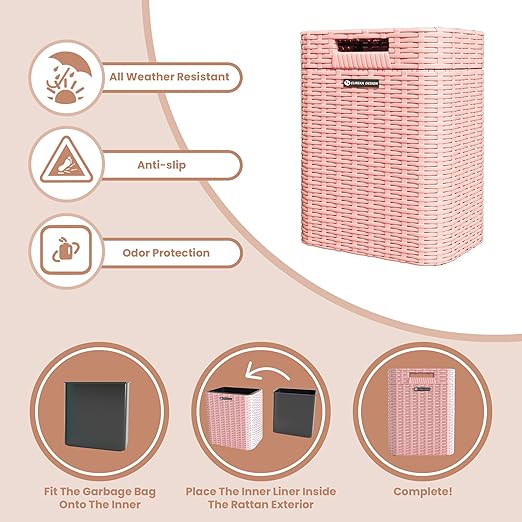 Ypati Handwoven 4 Gallon Rattan Trash Can with Lid, Boho Style Decorative Indoor and Outdoor Trash Bin with Shelf, Waste Basket for Bathroom, Patio, Study, with Trash Bags, Macaron Pink, Eureka
