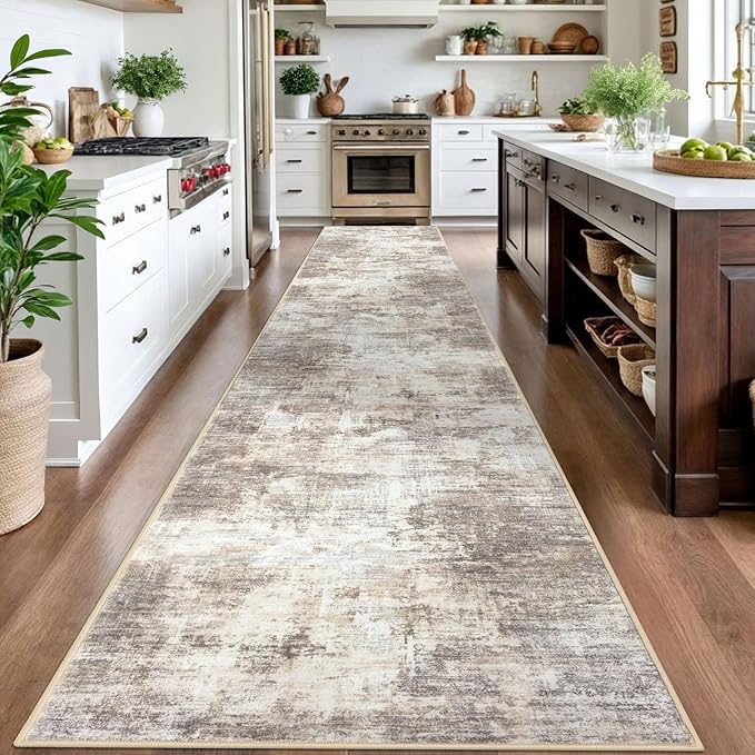 IOHOUZE Abstract Runner Rug 3x16 Ft Long Washable Runners for Hallways, Non Slip Kitchen Runner Printed Faux Wool Entryway Runner Indoor, Modern Abstract Floor Carpet for Hall Stair, Beige Brown