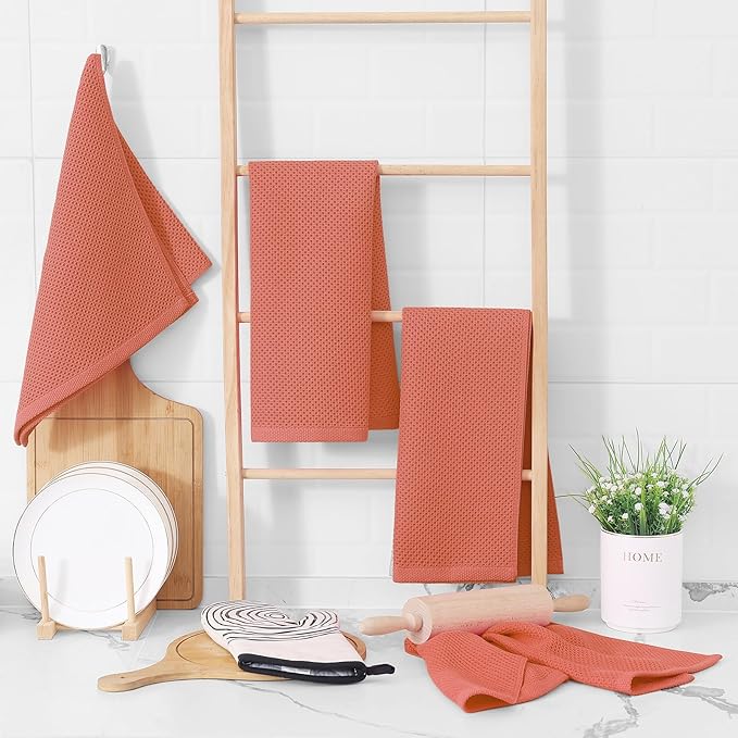 Homaxy 100% Cotton Waffle Weave Kitchen Dish Towels, Ultra Soft Absorbent Quick Drying Cleaning Towel, 13 x 28 Inches, 4-Pack, Coral