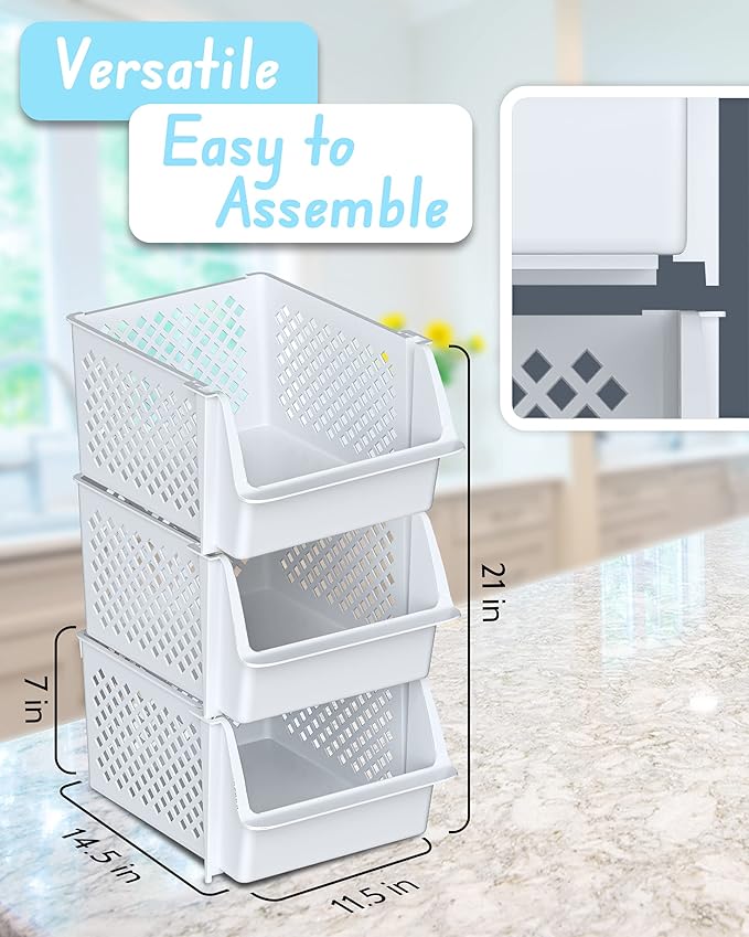 Skywin TidyFriend Plastic Stackable Storage Bins for Pantry, 3 Pack White Stackable Bins For Organizing Food, Kitchen, and Bathroom Essentials (White)