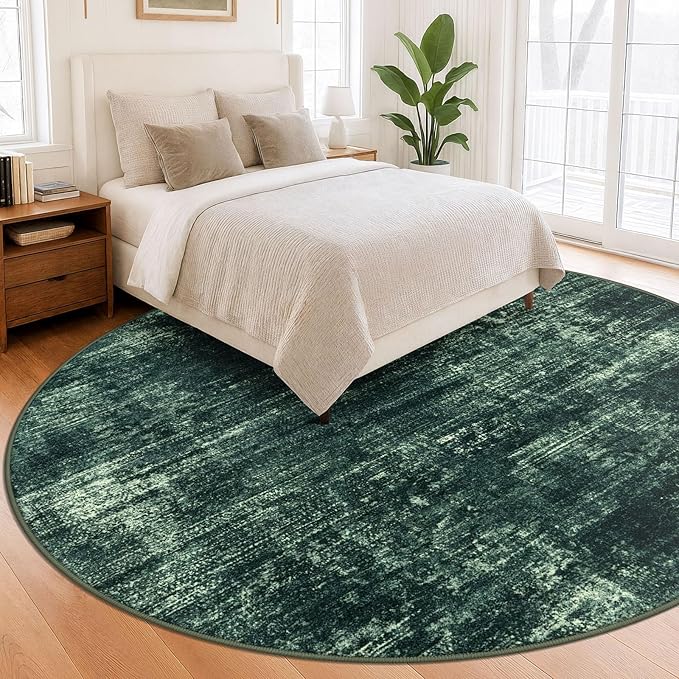 IOHOUZE Abstract Round Area Rug 8 Ft Washable Circle Rugs Large Round Rug Non Slip Thin Soft Circle Rugs, Printed Faux Wool Floor Carpet for Bedroom Living Room Dining Room Nursery, Dark Green