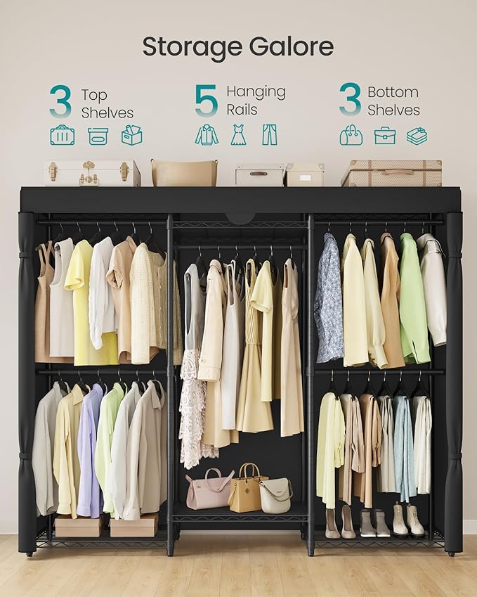 SONGMICS Heavy-Duty Clothes Rack, Garment Rack, Portable Closet, 68.7-Inch Wide Clothing Rack with Adjustable Mesh Shelves and Hanging Rails, Ink Black ULGR435B01