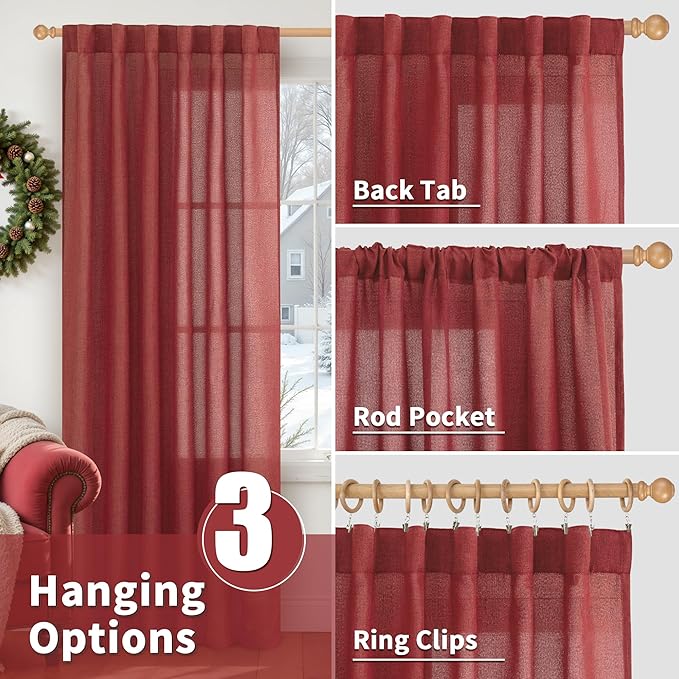 YoungsTex Red Linen Semi Sheer Curtains 78 Inch Length for Living Room, Christmas Light Filtering Window Drapes with Rod Pocket Back Tab for Dining Bedroom, 2 Panels, 52 X 78 Inch
